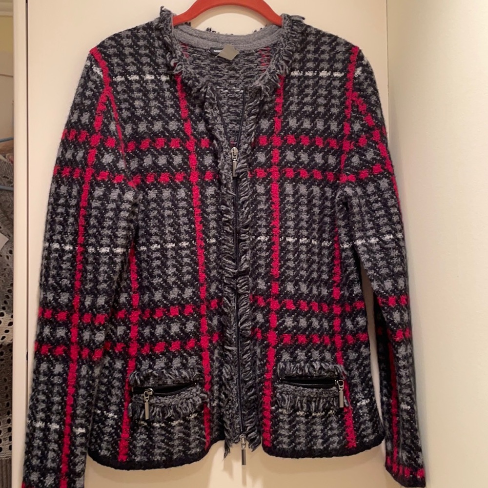 Gerry Weber Sweater Jacket Double Zip Plaid Gray Red Black-Sz12-EU 42